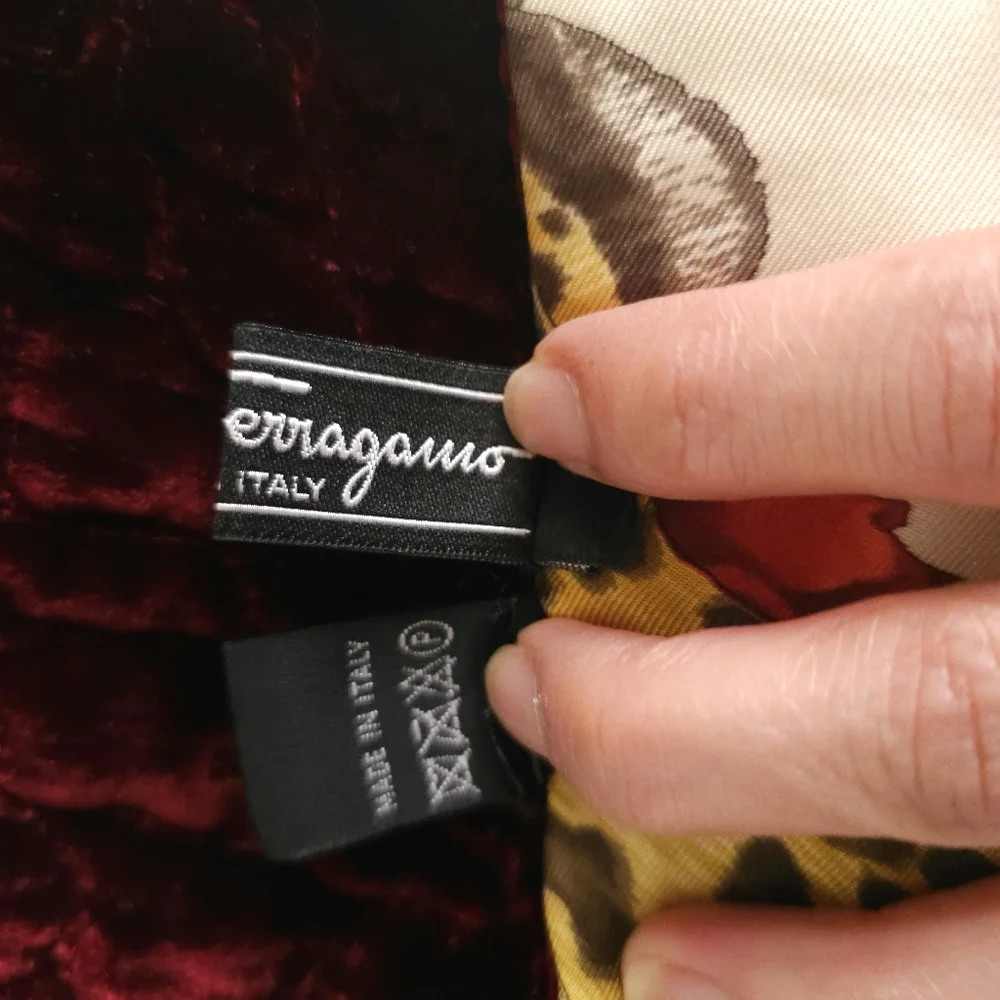 Salvatore Ferragamo burgundy velvet flower leopard pattern silk scarf - Picture 13 of 16